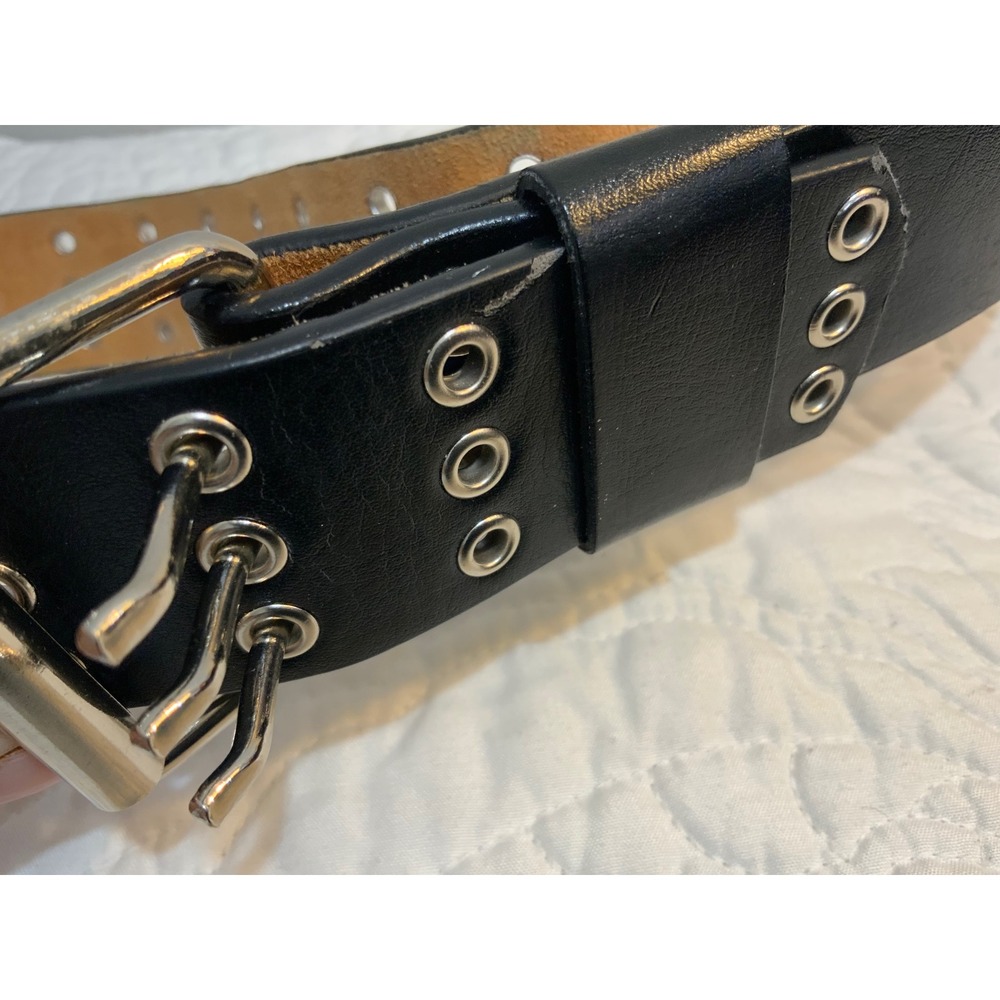 Stylish Black Genuine Leather Belt with Silver Buckle Grommet Unique - Picture 9 of 12